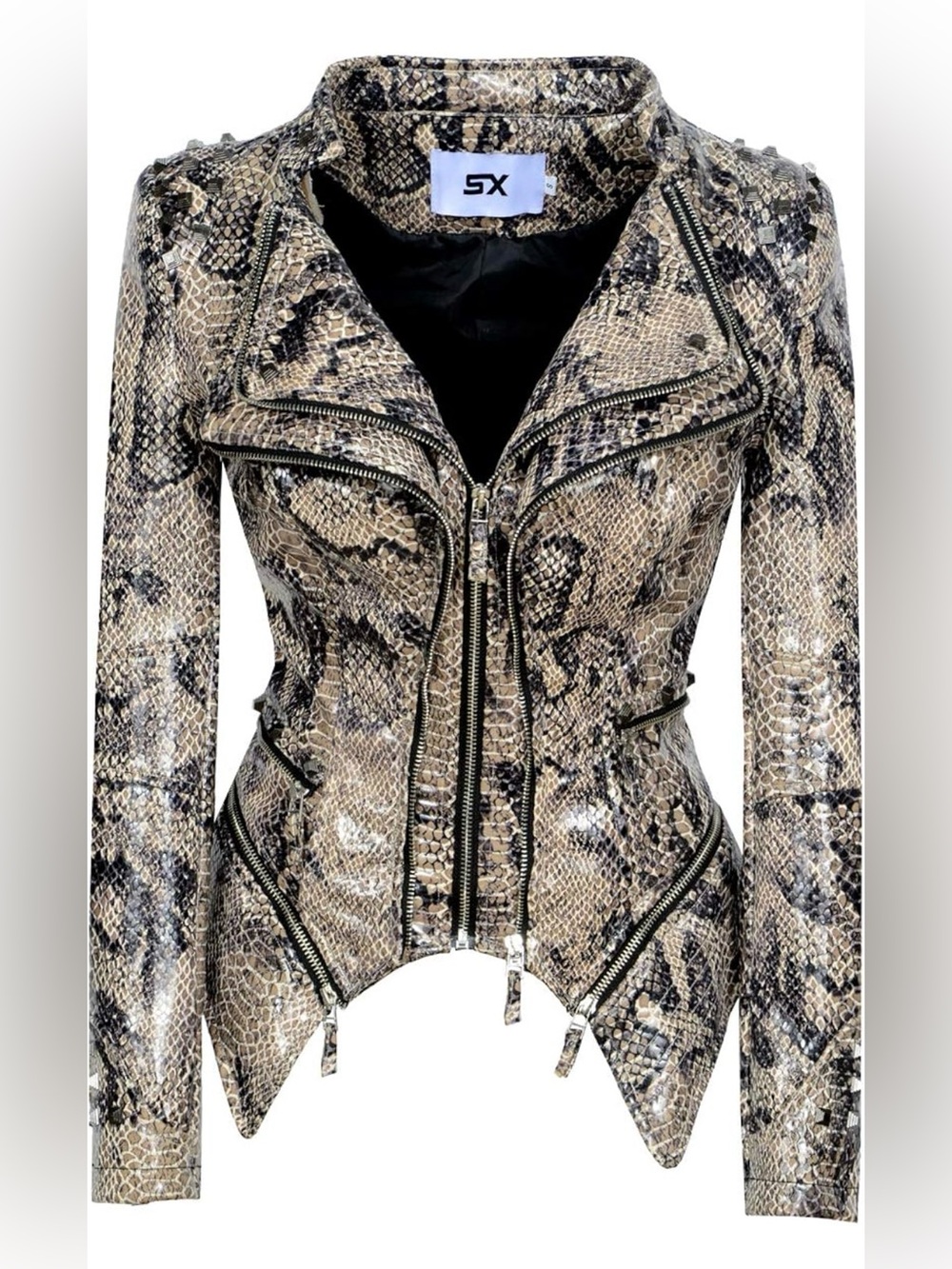 Women’s Snakeskin Faux Leather Moto Jacket – Fitted Studded Biker Jacket